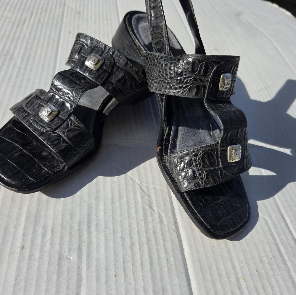 Brighton Y2K Black Square Toe Sandals Leather 8.5M Croc Pattern - Picture 2 of 11